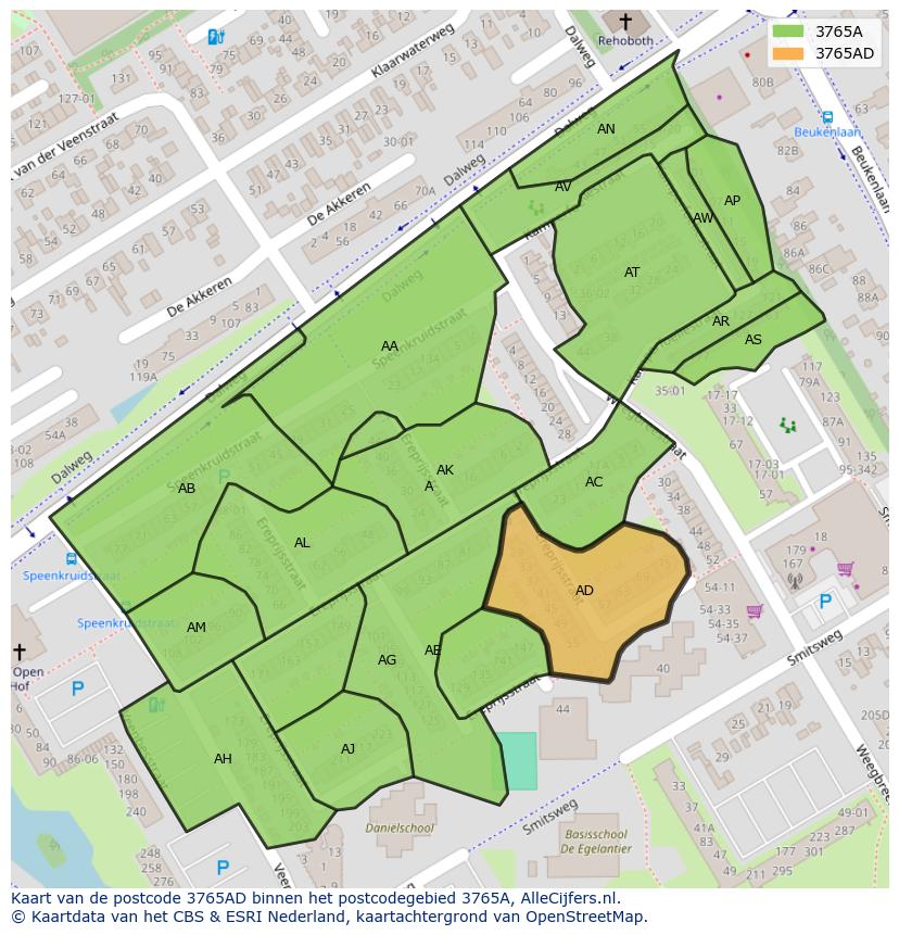 Afbeelding van het postcodegebied 3765 AD op de kaart.