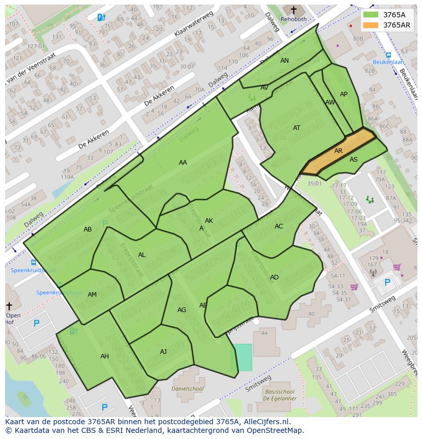 Afbeelding van het postcodegebied 3765 AR op de kaart.