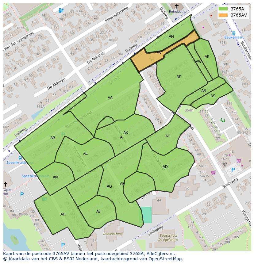 Afbeelding van het postcodegebied 3765 AV op de kaart.