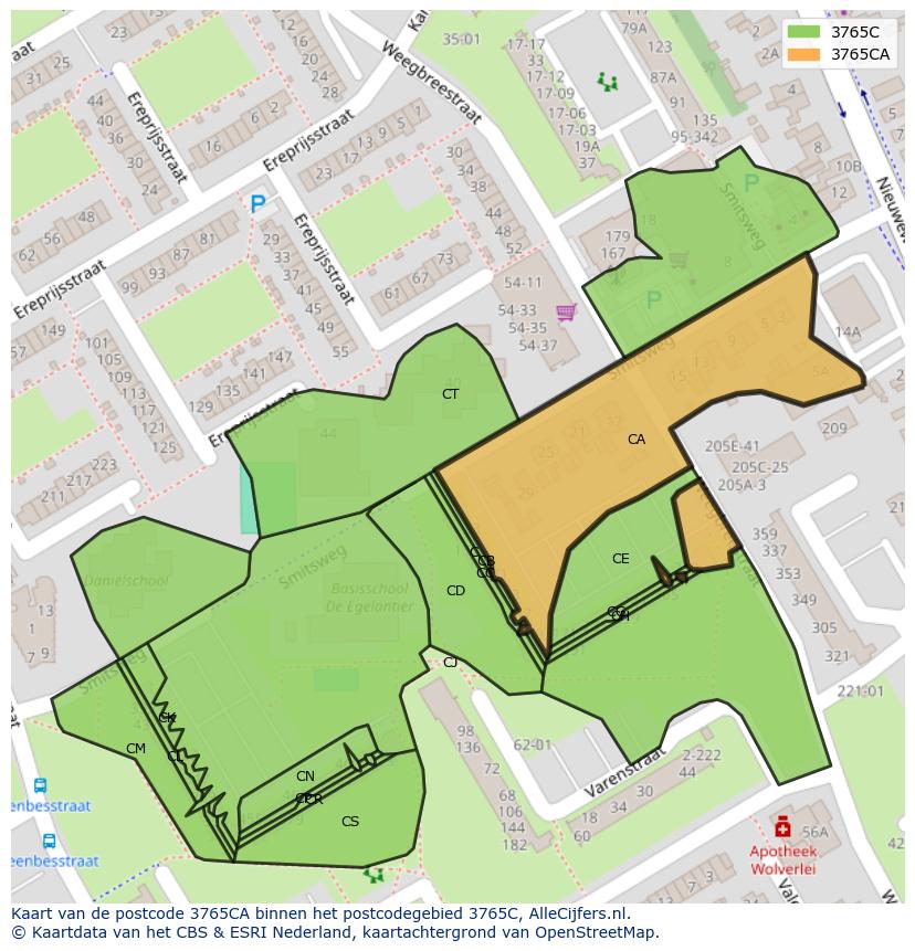 Afbeelding van het postcodegebied 3765 CA op de kaart.