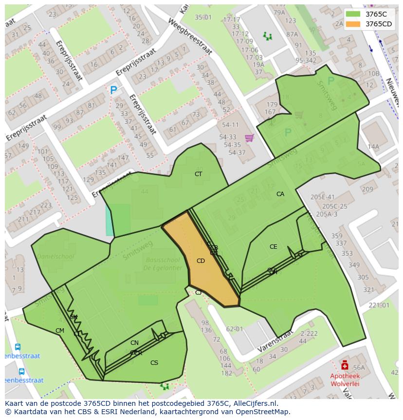 Afbeelding van het postcodegebied 3765 CD op de kaart.