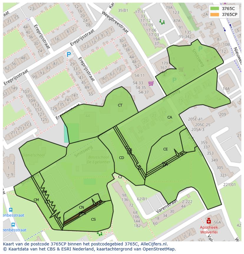 Afbeelding van het postcodegebied 3765 CP op de kaart.
