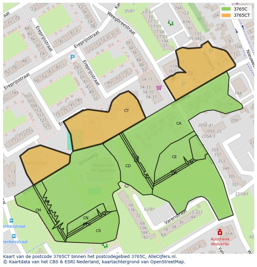 Afbeelding van het postcodegebied 3765 CT op de kaart.