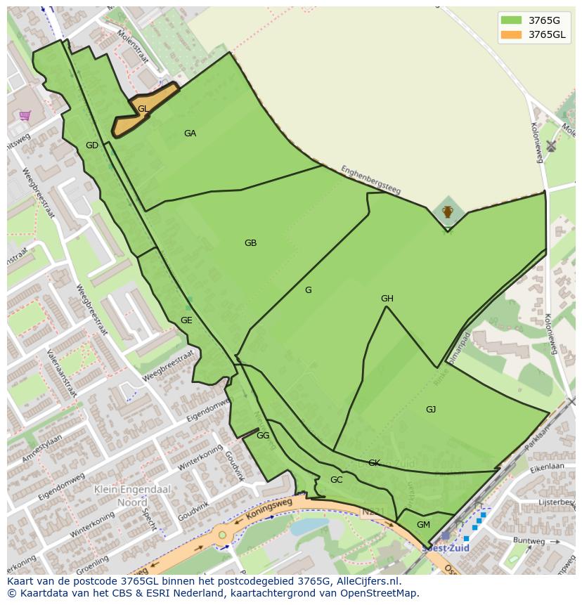 Afbeelding van het postcodegebied 3765 GL op de kaart.