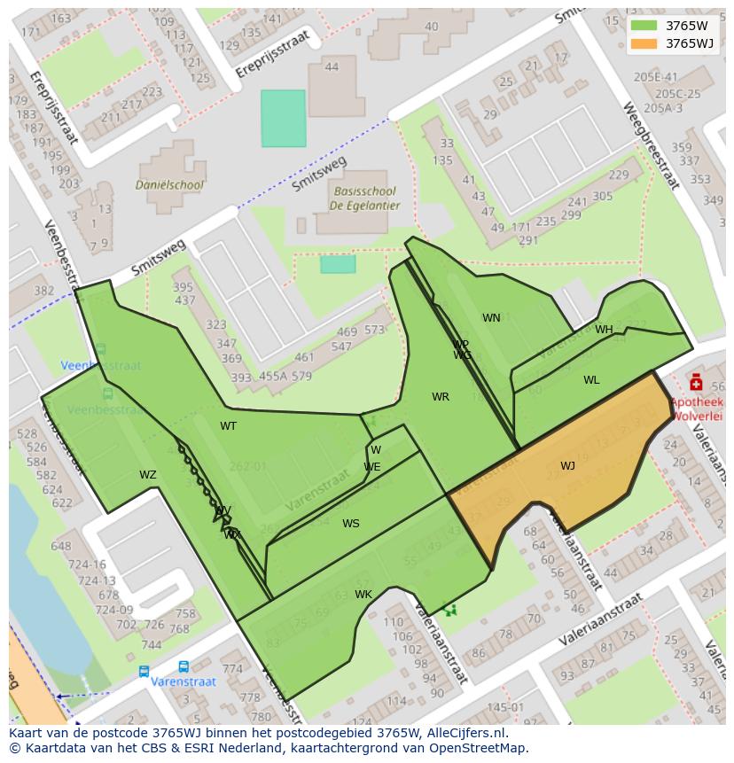 Afbeelding van het postcodegebied 3765 WJ op de kaart.