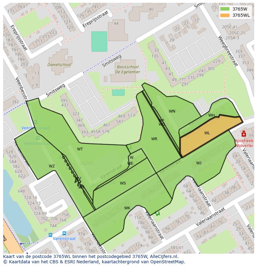 Afbeelding van het postcodegebied 3765 WL op de kaart.