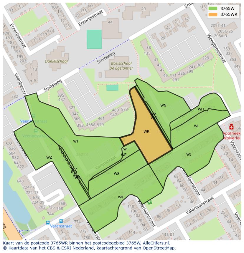 Afbeelding van het postcodegebied 3765 WR op de kaart.