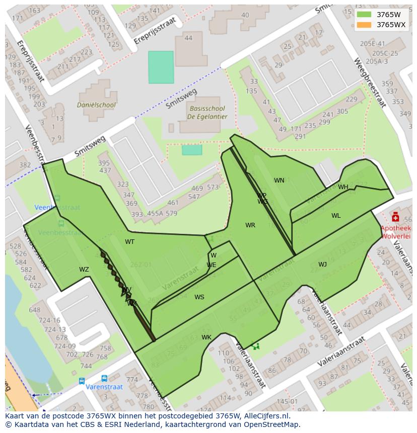 Afbeelding van het postcodegebied 3765 WX op de kaart.