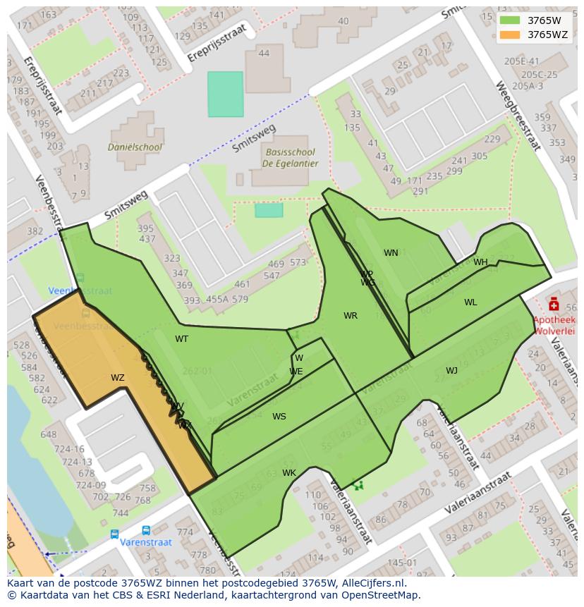 Afbeelding van het postcodegebied 3765 WZ op de kaart.