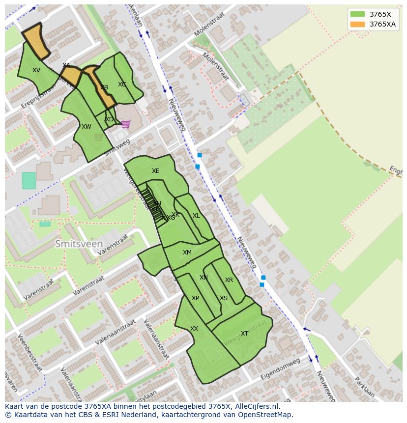 Afbeelding van het postcodegebied 3765 XA op de kaart.