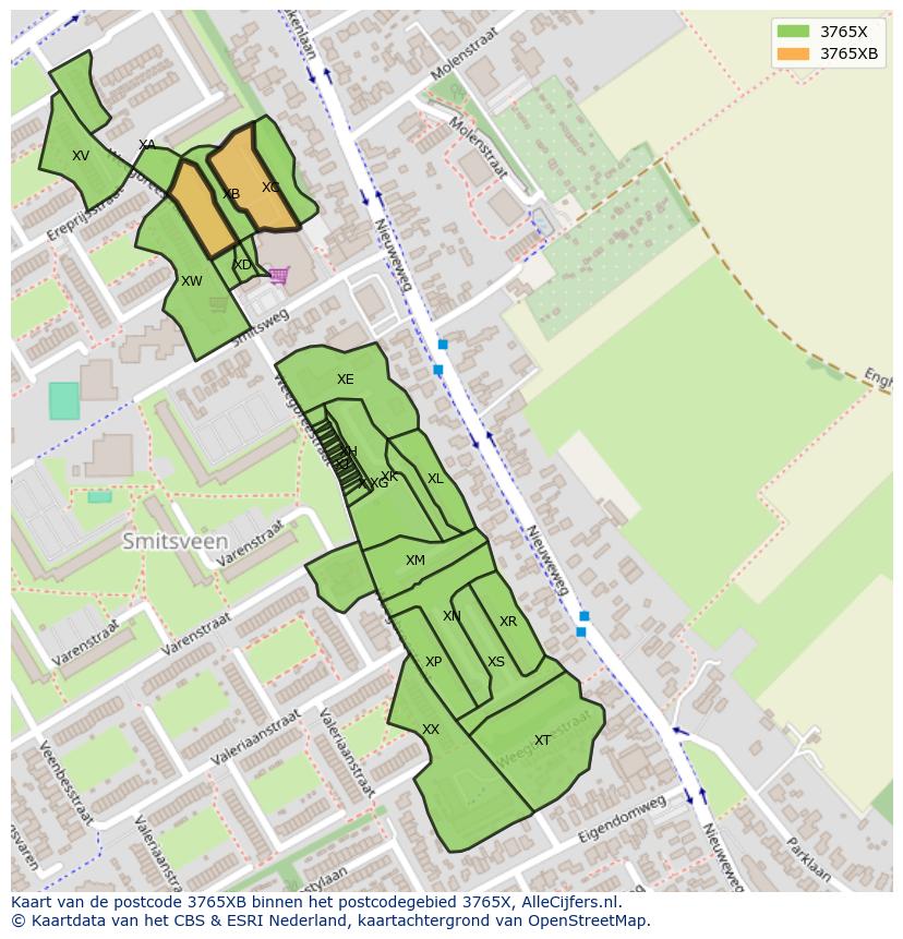 Afbeelding van het postcodegebied 3765 XB op de kaart.