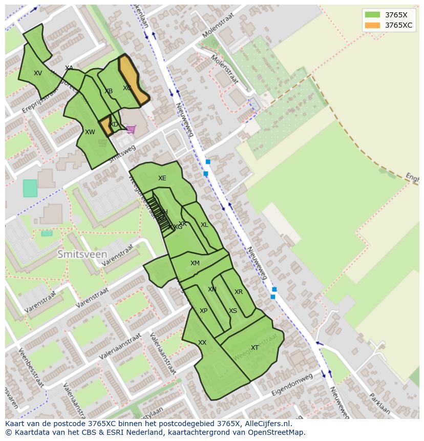 Afbeelding van het postcodegebied 3765 XC op de kaart.