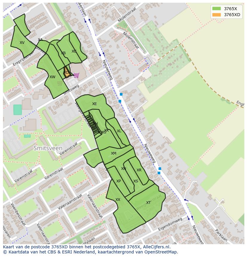 Afbeelding van het postcodegebied 3765 XD op de kaart.