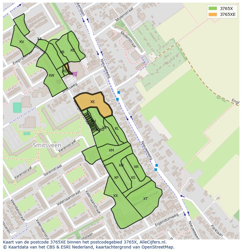 Afbeelding van het postcodegebied 3765 XE op de kaart.