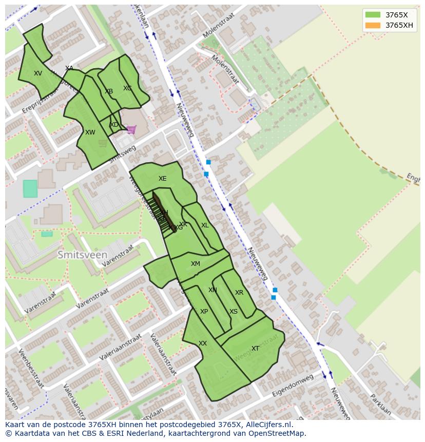 Afbeelding van het postcodegebied 3765 XH op de kaart.