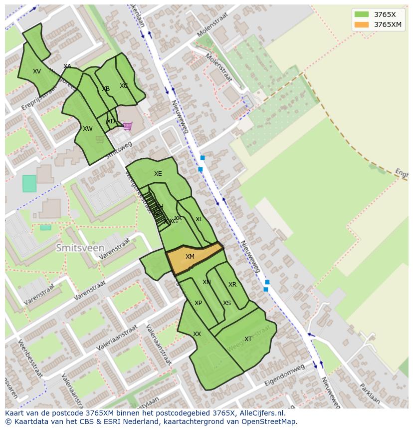 Afbeelding van het postcodegebied 3765 XM op de kaart.