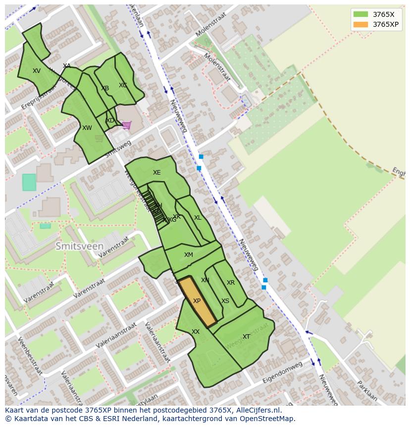 Afbeelding van het postcodegebied 3765 XP op de kaart.