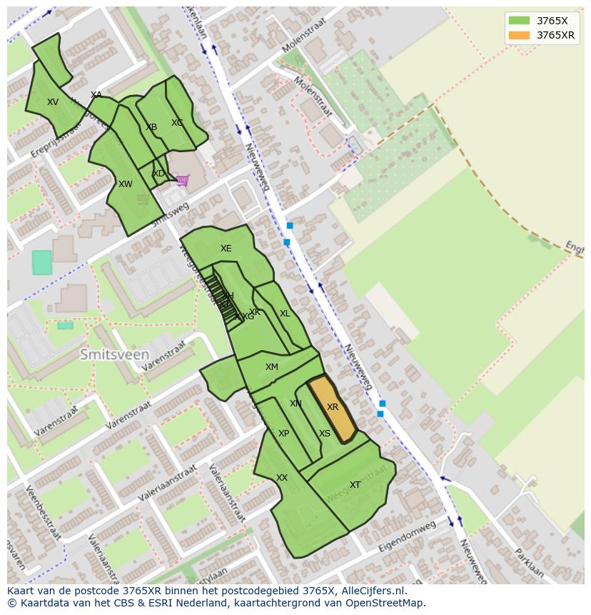 Afbeelding van het postcodegebied 3765 XR op de kaart.