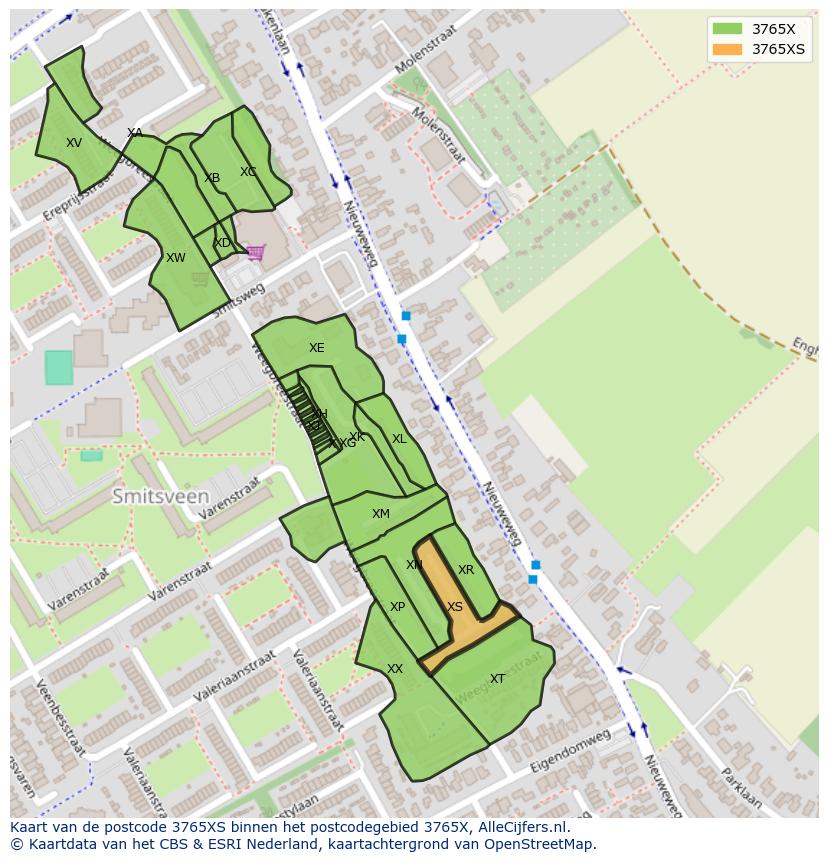 Afbeelding van het postcodegebied 3765 XS op de kaart.
