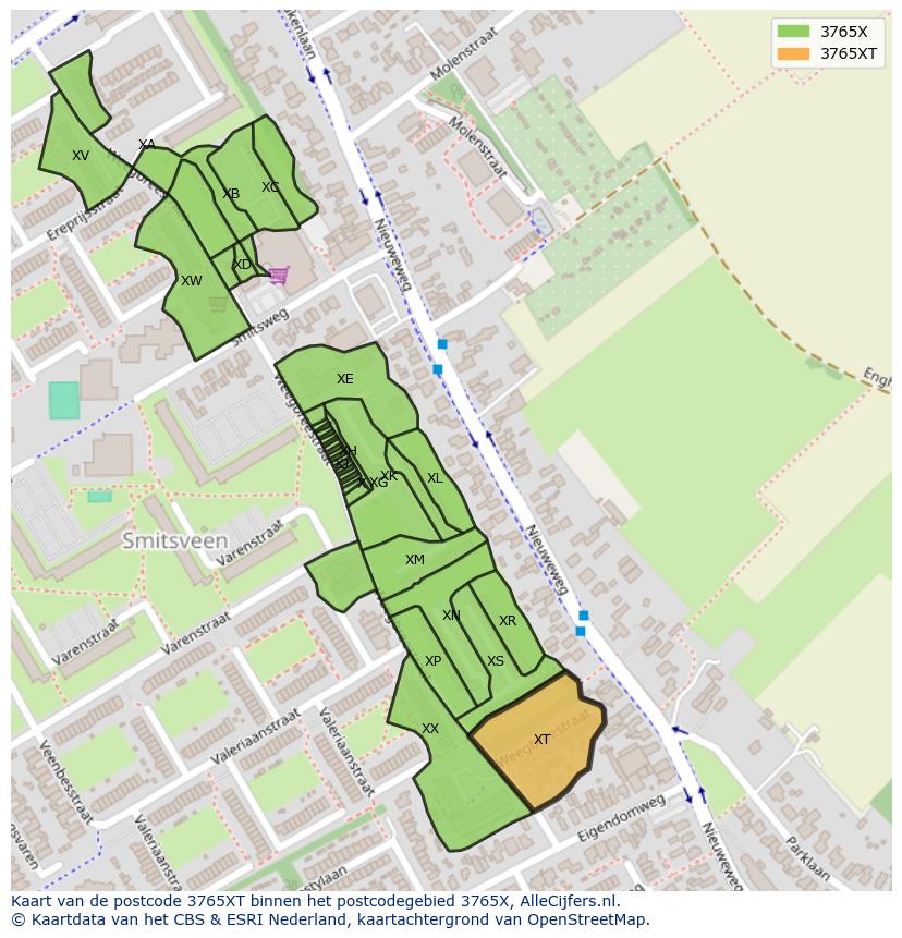 Afbeelding van het postcodegebied 3765 XT op de kaart.