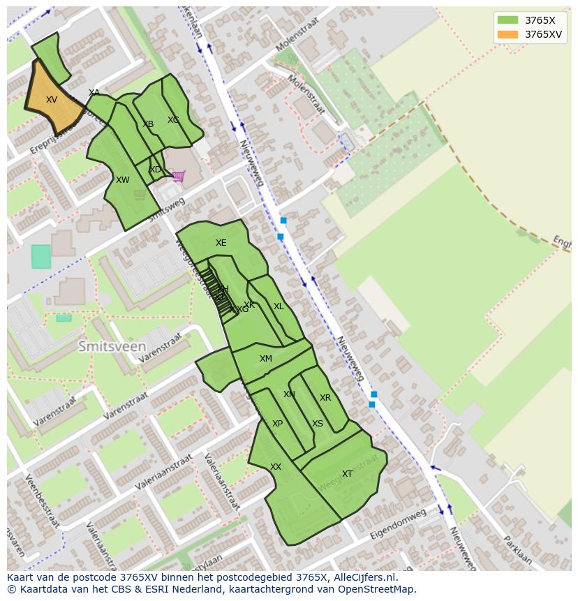 Afbeelding van het postcodegebied 3765 XV op de kaart.