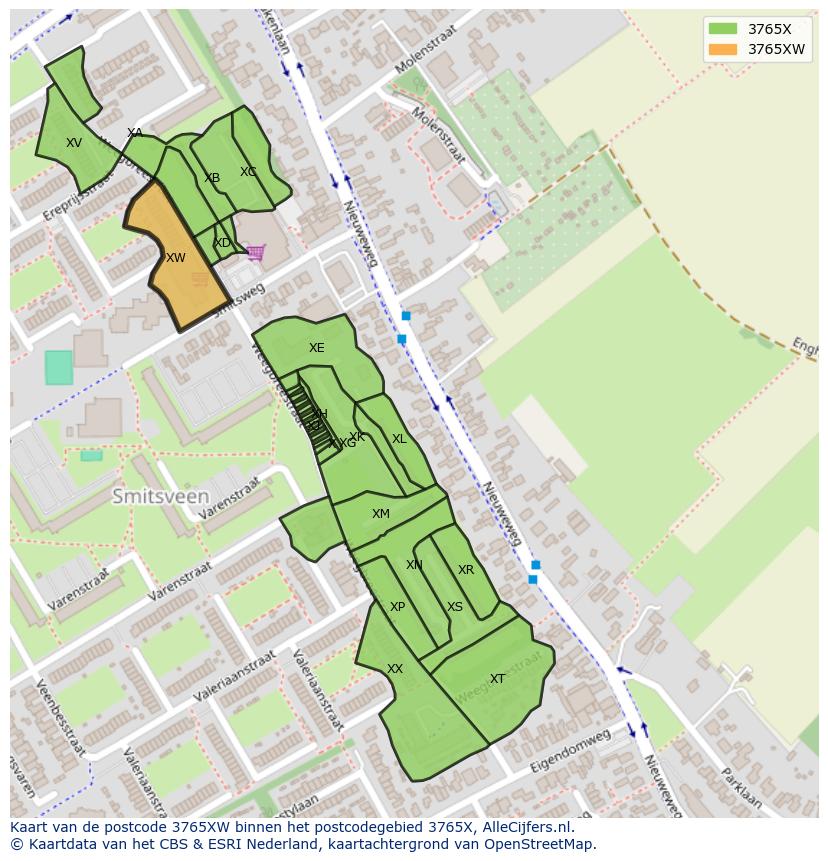 Afbeelding van het postcodegebied 3765 XW op de kaart.