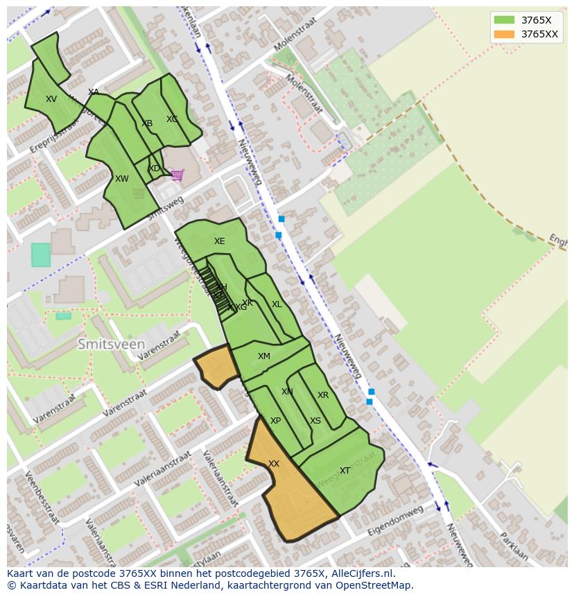 Afbeelding van het postcodegebied 3765 XX op de kaart.