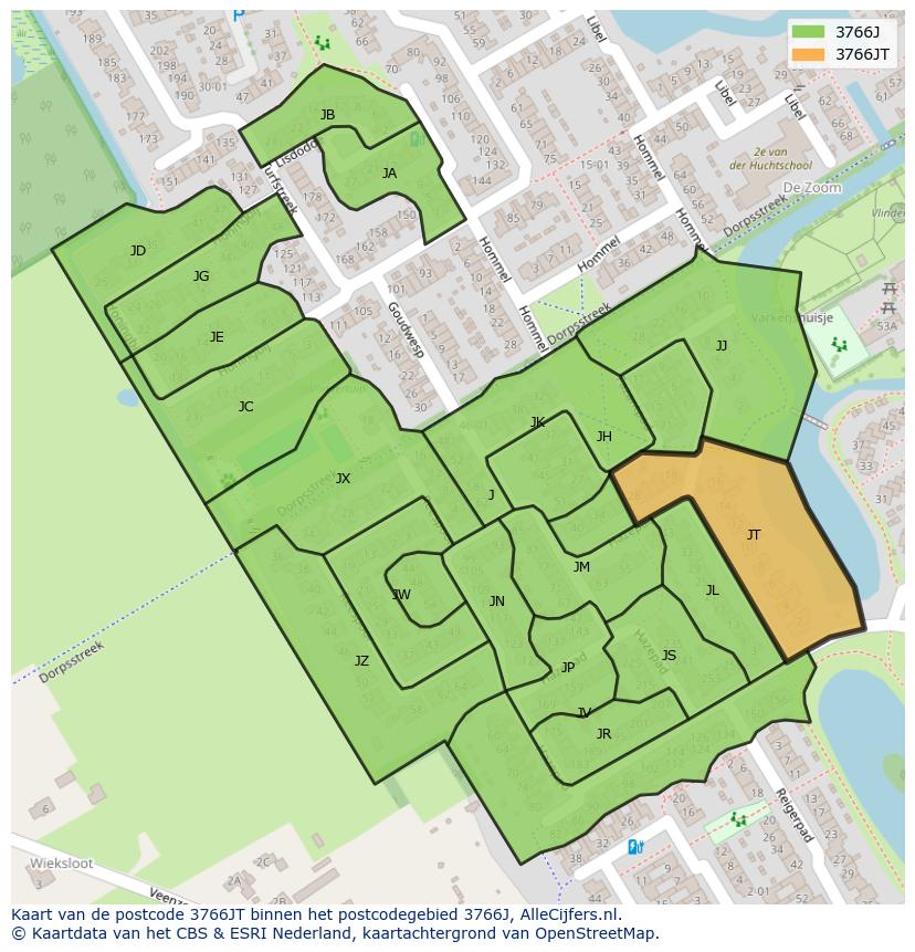 Afbeelding van het postcodegebied 3766 JT op de kaart.