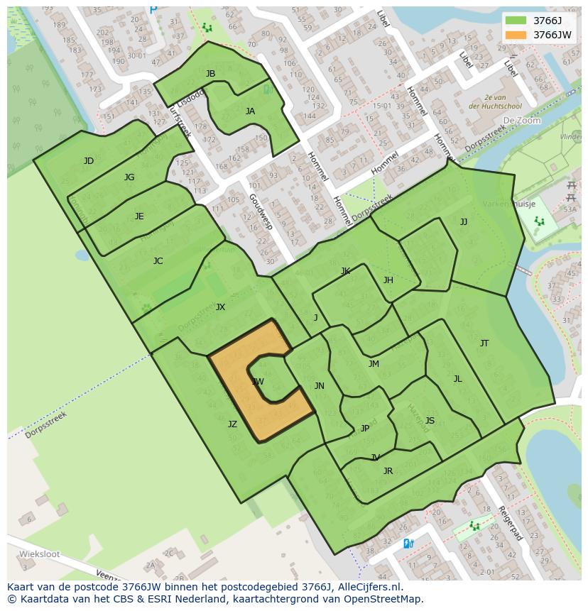 Afbeelding van het postcodegebied 3766 JW op de kaart.