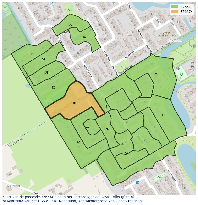 Afbeelding van het postcodegebied 3766 JX op de kaart.