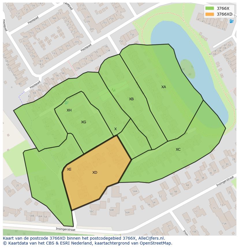 Afbeelding van het postcodegebied 3766 XD op de kaart.