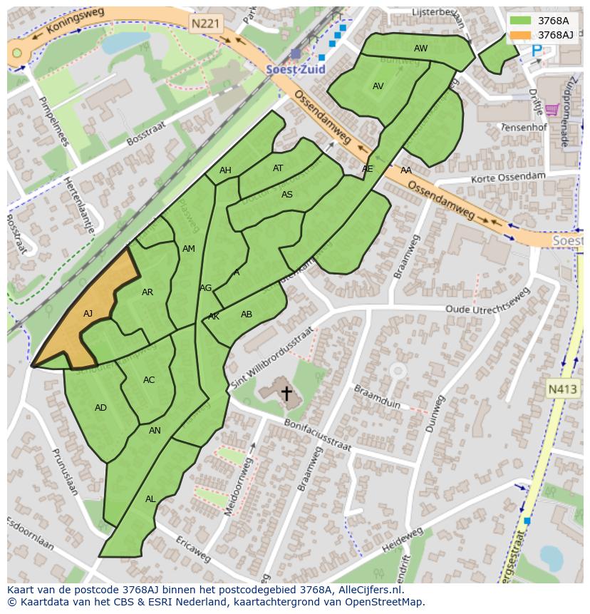 Afbeelding van het postcodegebied 3768 AJ op de kaart.