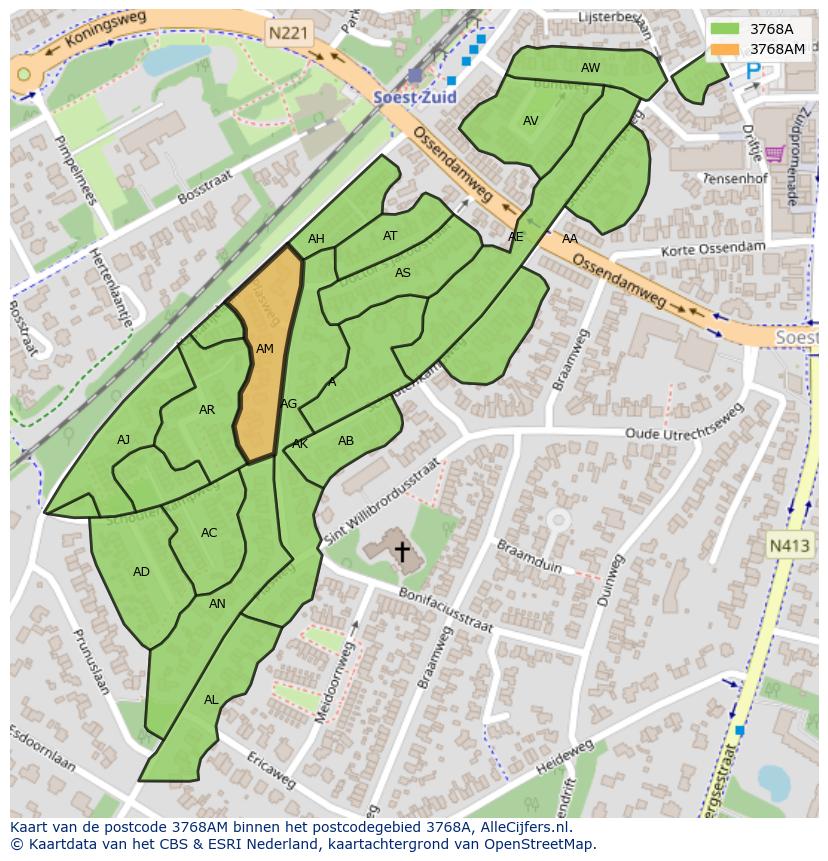 Afbeelding van het postcodegebied 3768 AM op de kaart.
