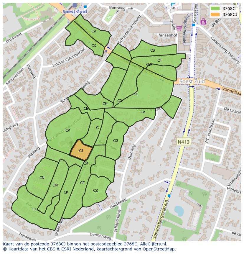 Afbeelding van het postcodegebied 3768 CJ op de kaart.