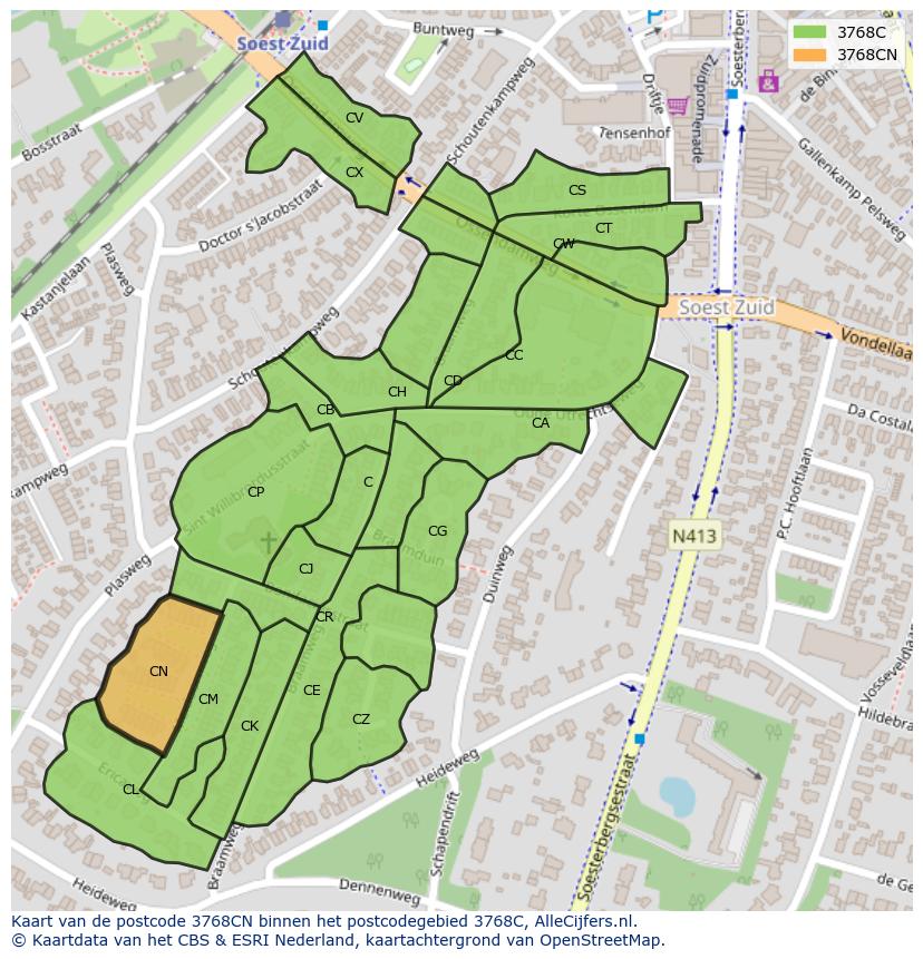Afbeelding van het postcodegebied 3768 CN op de kaart.