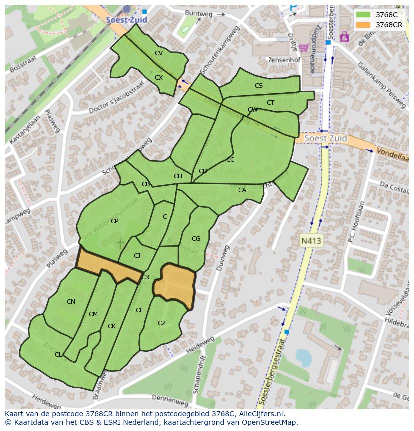 Afbeelding van het postcodegebied 3768 CR op de kaart.