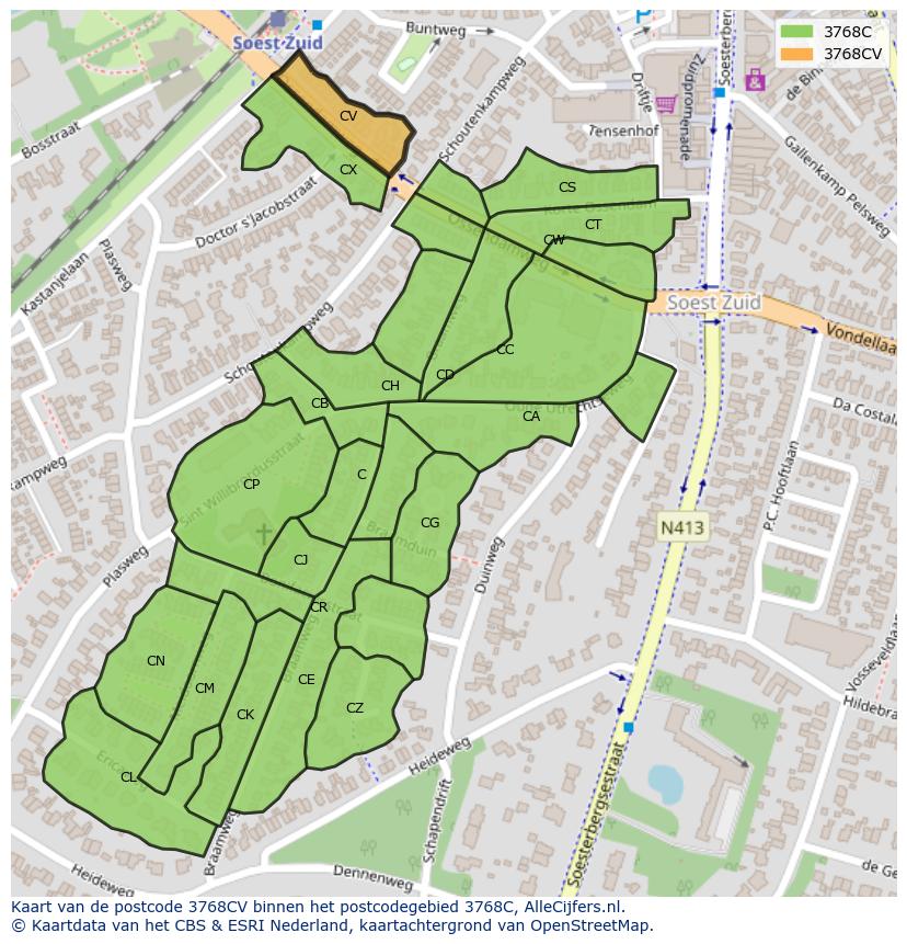 Afbeelding van het postcodegebied 3768 CV op de kaart.