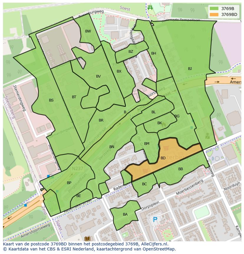 Afbeelding van het postcodegebied 3769 BD op de kaart.