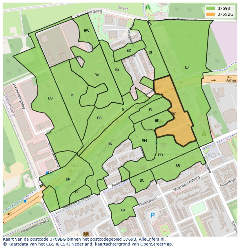 Afbeelding van het postcodegebied 3769 BG op de kaart.