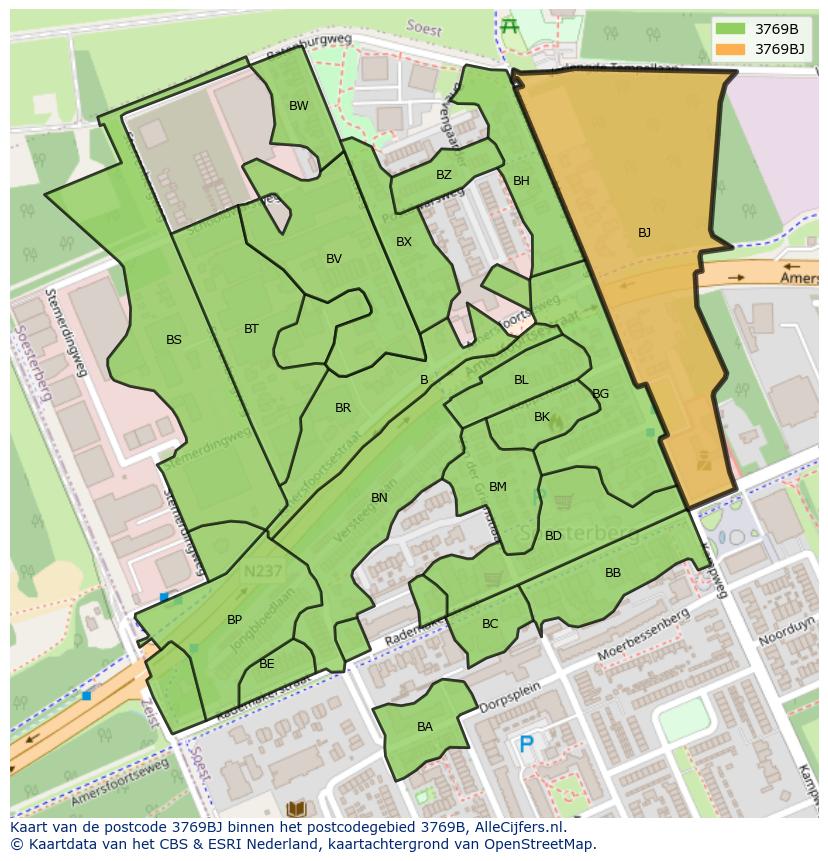 Afbeelding van het postcodegebied 3769 BJ op de kaart.
