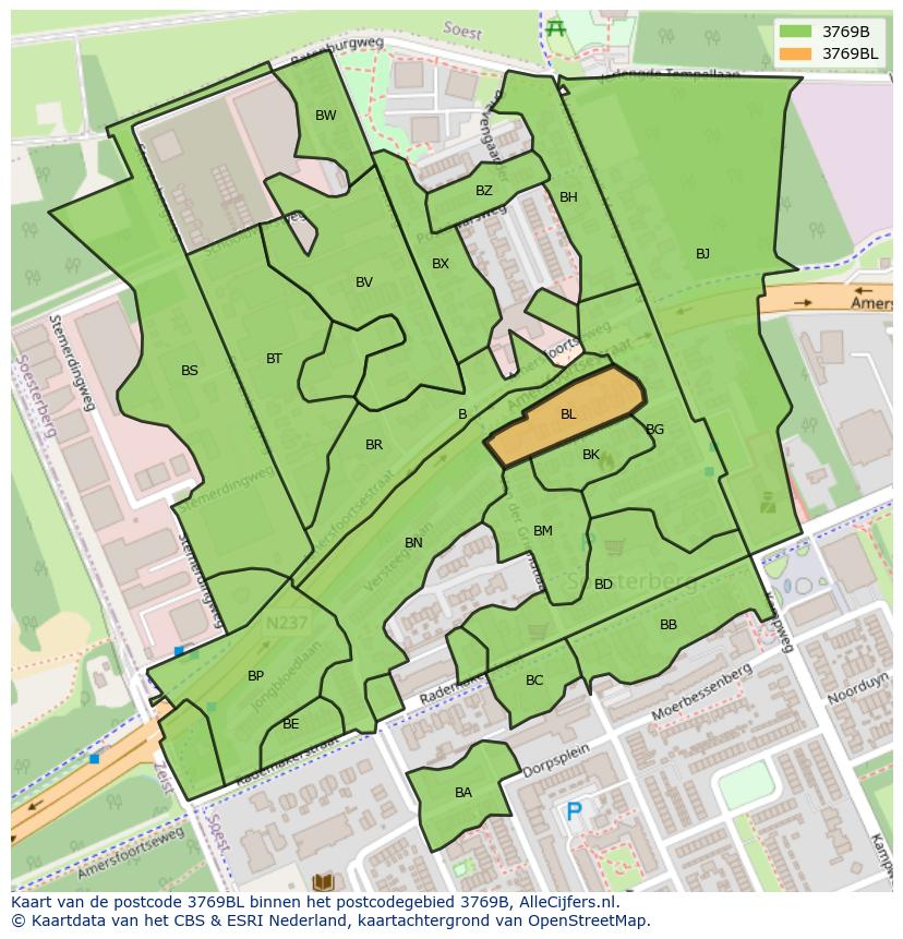 Afbeelding van het postcodegebied 3769 BL op de kaart.