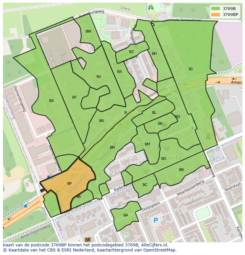 Afbeelding van het postcodegebied 3769 BP op de kaart.