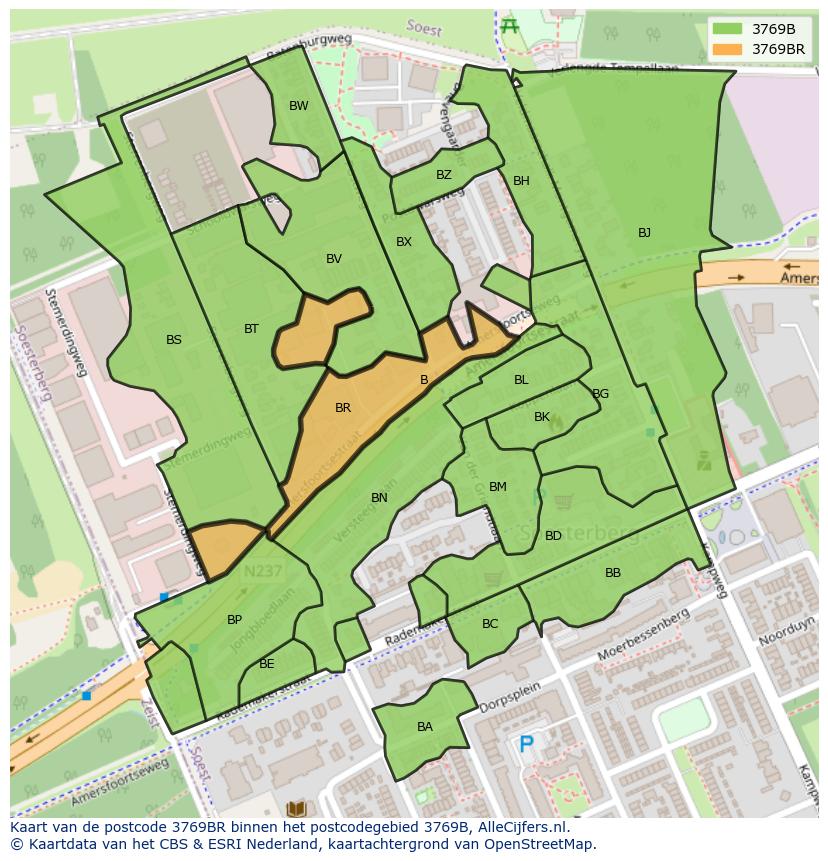 Afbeelding van het postcodegebied 3769 BR op de kaart.