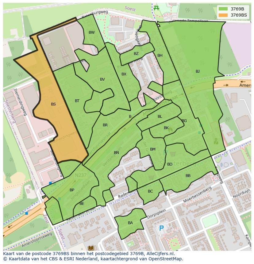 Afbeelding van het postcodegebied 3769 BS op de kaart.