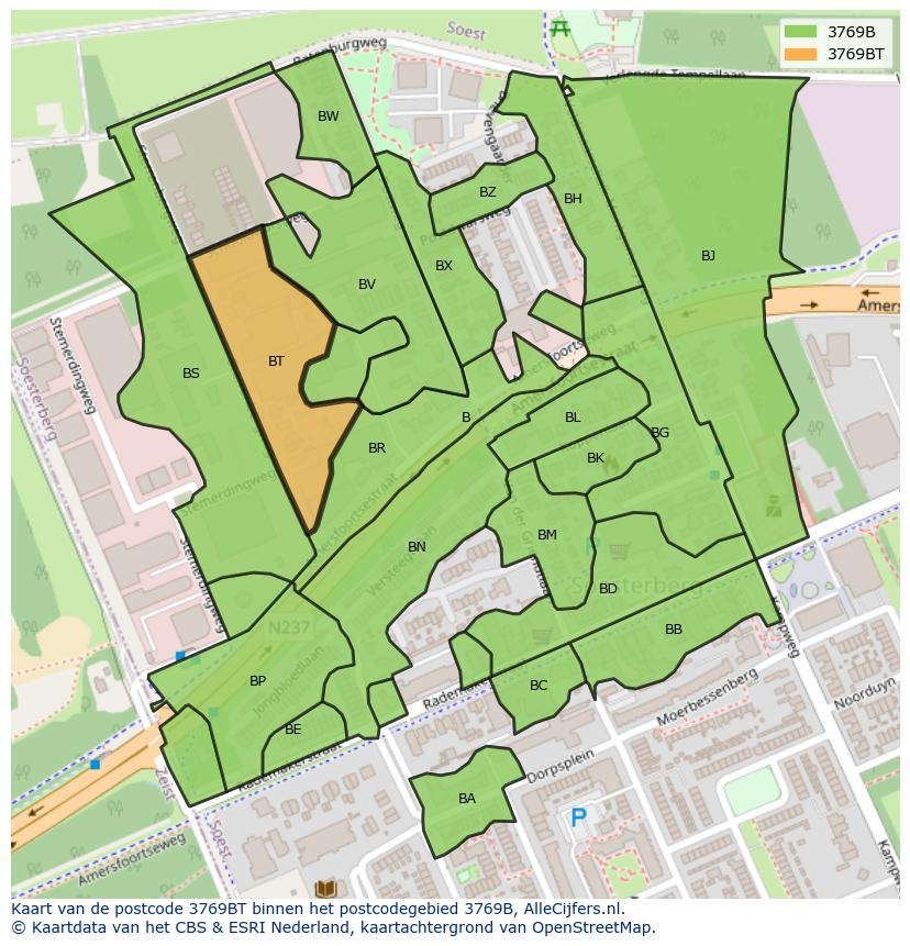 Afbeelding van het postcodegebied 3769 BT op de kaart.