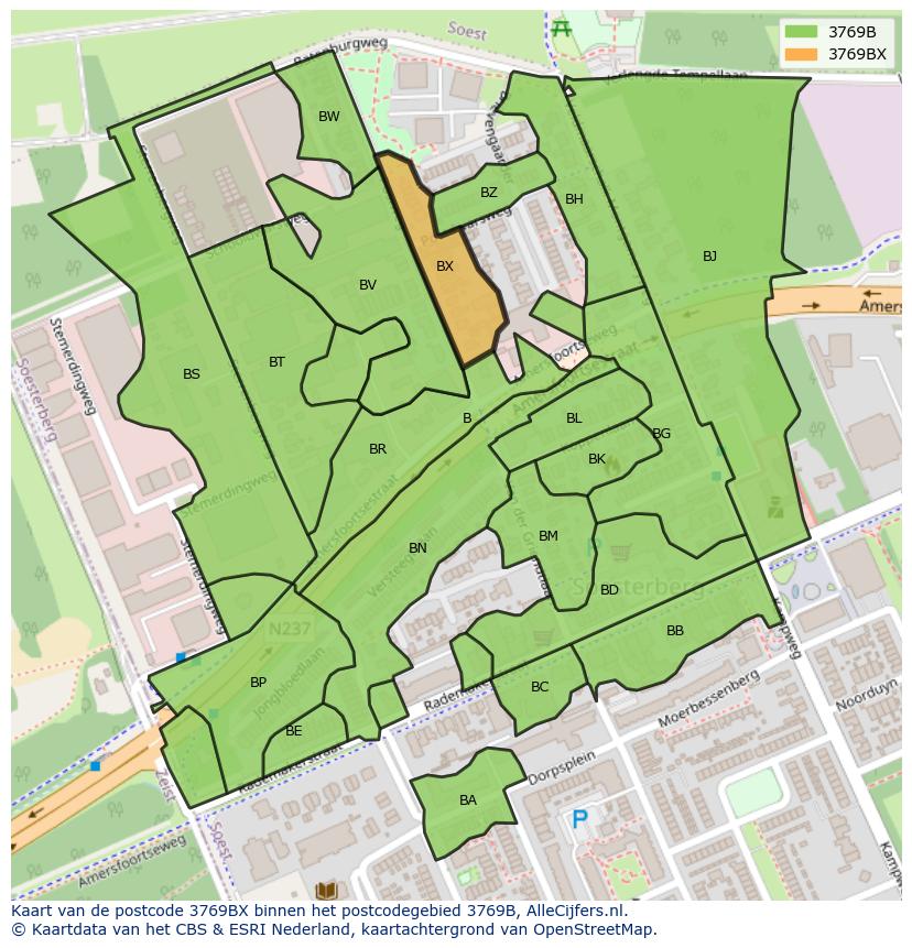 Afbeelding van het postcodegebied 3769 BX op de kaart.