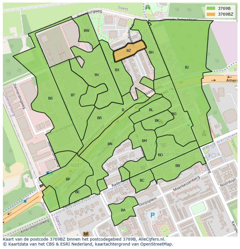 Afbeelding van het postcodegebied 3769 BZ op de kaart.
