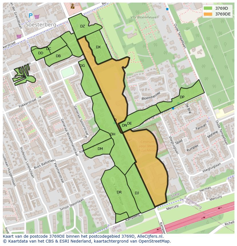 Afbeelding van het postcodegebied 3769 DE op de kaart.