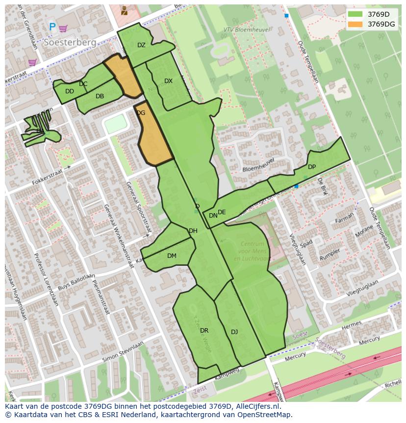 Afbeelding van het postcodegebied 3769 DG op de kaart.