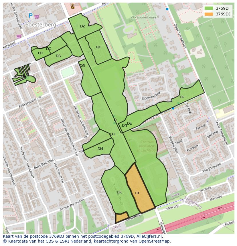 Afbeelding van het postcodegebied 3769 DJ op de kaart.